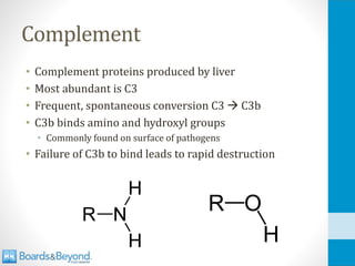 Complement
• Complement proteins produced by liver
• Most abundant is C3
• Frequent, spontaneous conversion C3 → C3b
• C3b binds amino and hydroxyl groups
• Commonly found on surface of pathogens
• Failure of C3b to bind leads to rapid destruction
 