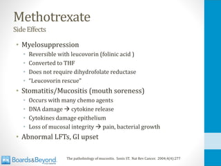 Methotrexate
SideEffects
• Myelosuppression
• Reversible with leucovorin (folinic acid )
• Converted to THF
• Does not require dihydrofolate reductase
• “Leucovorin rescue”
• Stomatitis/Mucositis (mouth soreness)
• Occurs with many chemo agents
• DNA damage → cytokine release
• Cytokines damage epithelium
• Loss of mucosal integrity → pain, bacterial growth
• Abnormal LFTs, GI upset
The pathobiology of mucositis. Sonis ST. Nat Rev Cancer. 2004;4(4):277
 