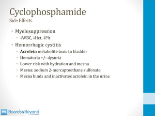 Cyclophosphamide
SideEffects
• Myelosuppression
• ↓WBC, ↓Hct, ↓Plt
• Hemorrhagic cystitis
• Acrolein metabolite toxic to bladder
• Hematuria +/- dysuria
• Lower risk with hydration and mesna
• Mesna: sodium 2-mercaptoethane sulfonate
• Mesna binds and inactivates acrolein in the urine
 