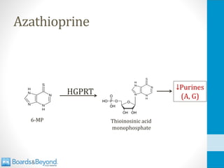 Azathioprine
6-MP
HGPRT
Thioinosinic acid
monophosphate
↓Purines
(A, G)
 