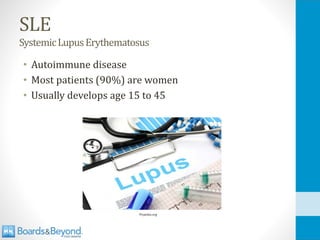 SLE
SystemicLupusErythematosus
• Autoimmune disease
• Most patients (90%) are women
• Usually develops age 15 to 45
Picpedia.org
 