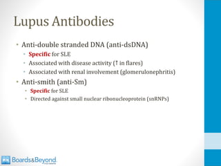 Lupus Antibodies
• Anti-double stranded DNA (anti-dsDNA)
• Specific for SLE
• Associated with disease activity (↑ in flares)
• Associated with renal involvement (glomerulonephritis)
• Anti-smith (anti-Sm)
• Specific for SLE
• Directed against small nuclear ribonucleoprotein (snRNPs)
 