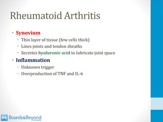 Rheumatoid Arthritis
• Synovium
• Thin layer of tissue (few cells thick)
• Lines joints and tendon sheaths
• Secretes hyaluronic acid to lubricate joint space
• Inflammation
• Unknown trigger
• Overproduction of TNF and IL-6
 