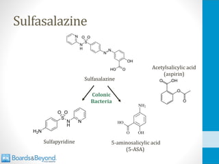 Sulfasalazine
Sulfasalazine
Sulfapyridine 5-aminosalicylic acid
(5-ASA)
Colonic
Bacteria
Acetylsalicylic acid
(aspirin)
 