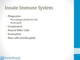 Innate Immune System
• Phagocytes
• Macrophages (hallmark cell)
• Neutrophils
• Complement
• Natural Killer Cells
• Eosinophils
• Mast cells and Basophils
 