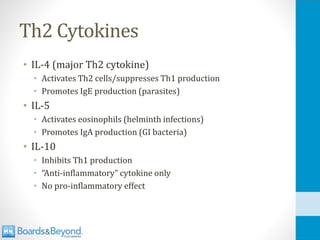 Th2 Cytokines
• IL-4 (major Th2 cytokine)
• Activates Th2 cells/suppresses Th1 production
• Promotes IgE production (parasites)
• IL-5
• Activates eosinophils (helminth infections)
• Promotes IgA production (GI bacteria)
• IL-10
• Inhibits Th1 production
• “Anti-inflammatory” cytokine only
• No pro-inflammatory effect
 