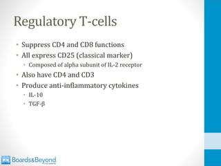 Regulatory T-cells
• Suppress CD4 and CD8 functions
• All express CD25 (classical marker)
• Composed of alpha subunit of IL-2 receptor
• Also have CD4 and CD3
• Produce anti-inflammatory cytokines
• IL-10
• TGF-β
 