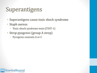 Superantigens
• Superantigens cause toxic shock syndrome
• Staph aureus
• Toxic shock syndrome toxin (TSST-1)
• Strep pyogenes (group A strep)
• Pyrogenic exotoxin A or C
 