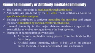 Humoral immunity or Antibody mediated immunity
 The Humoral immunity is mediated through antibodies.
 Antibodies are produced by the B - cells. These antibodies bound to
specific microbial antigens.
 Binding of antibodies to antigens neutralize the microbes and target
them for elimination by various effector mechanisms.
 Humoral immunity is the major defense mechanism against the
extracellular microbes trying to invade the host systems.
 Examples of humoral immunity include:
1. A mother's antibodies being passed from her body to the
fetus' body
2. Artificial active immunity, which is built when an antigen
enters the body in dead or attenuated form via vaccines
 