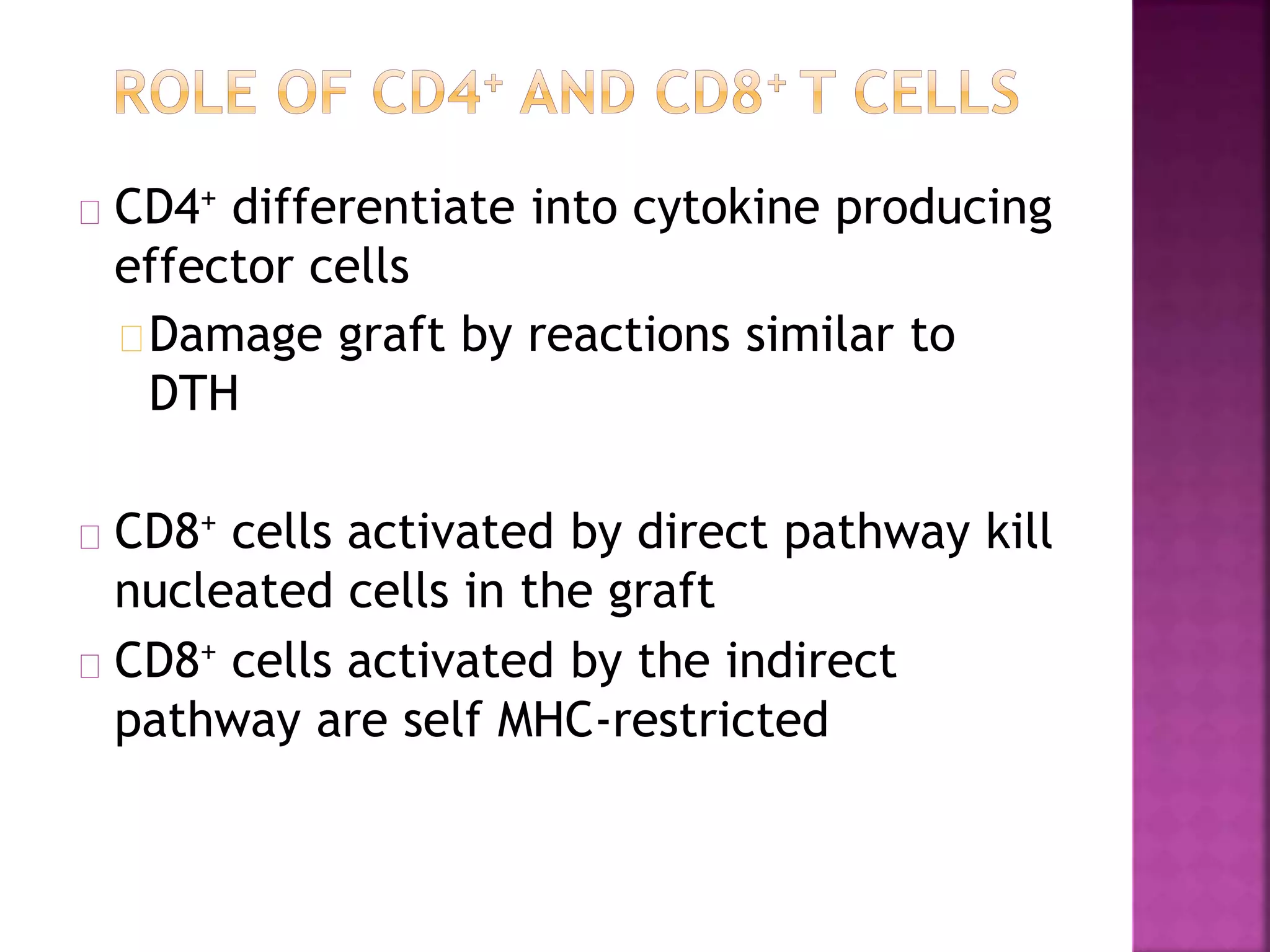 CD4+ differentiate into cytokine producing
effector cells
Damage graft by reactions similar to
DTH
CD8+ cells activated by direct pathway kill
nucleated cells in the graft
CD8+ cells activated by the indirect
pathway are self MHC-restricted
 