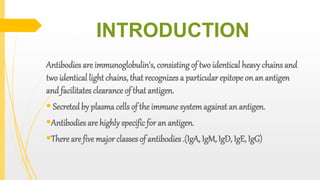 INTRODUCTION
Antibodies are immunoglobulin's, consisting of two identical heavy chains and
two identical light chains, that recognizes a particular epitope on an antigen
and facilitates clearance of that antigen.
 Secretedby plasma cells of the immune systemagainst an antigen.
Antibodies are highlyspecific for an antigen.
There are five majorclasses of antibodies .(IgA, IgM, IgD, IgE, IgG)
 