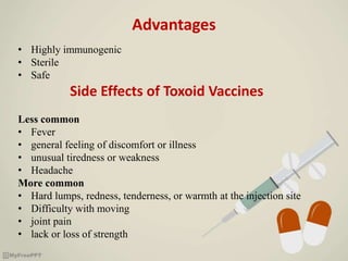 Advantages
• Highly immunogenic
• Sterile
• Safe
Side Effects of Toxoid Vaccines
Less common
• Fever
• general feeling of discomfort or illness
• unusual tiredness or weakness
• Headache
More common
• Hard lumps, redness, tenderness, or warmth at the injection site
• Difficulty with moving
• joint pain
• lack or loss of strength
 