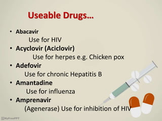 Useable Drugs…
• Abacavir
Use for HIV
• Acyclovir (Aciclovir)
Use for herpes e.g. Chicken pox
• Adefovir
Use for chronic Hepatitis B
• Amantadine
Use for influenza
• Amprenavir
(Agenerase) Use for inhibition of HIV
 