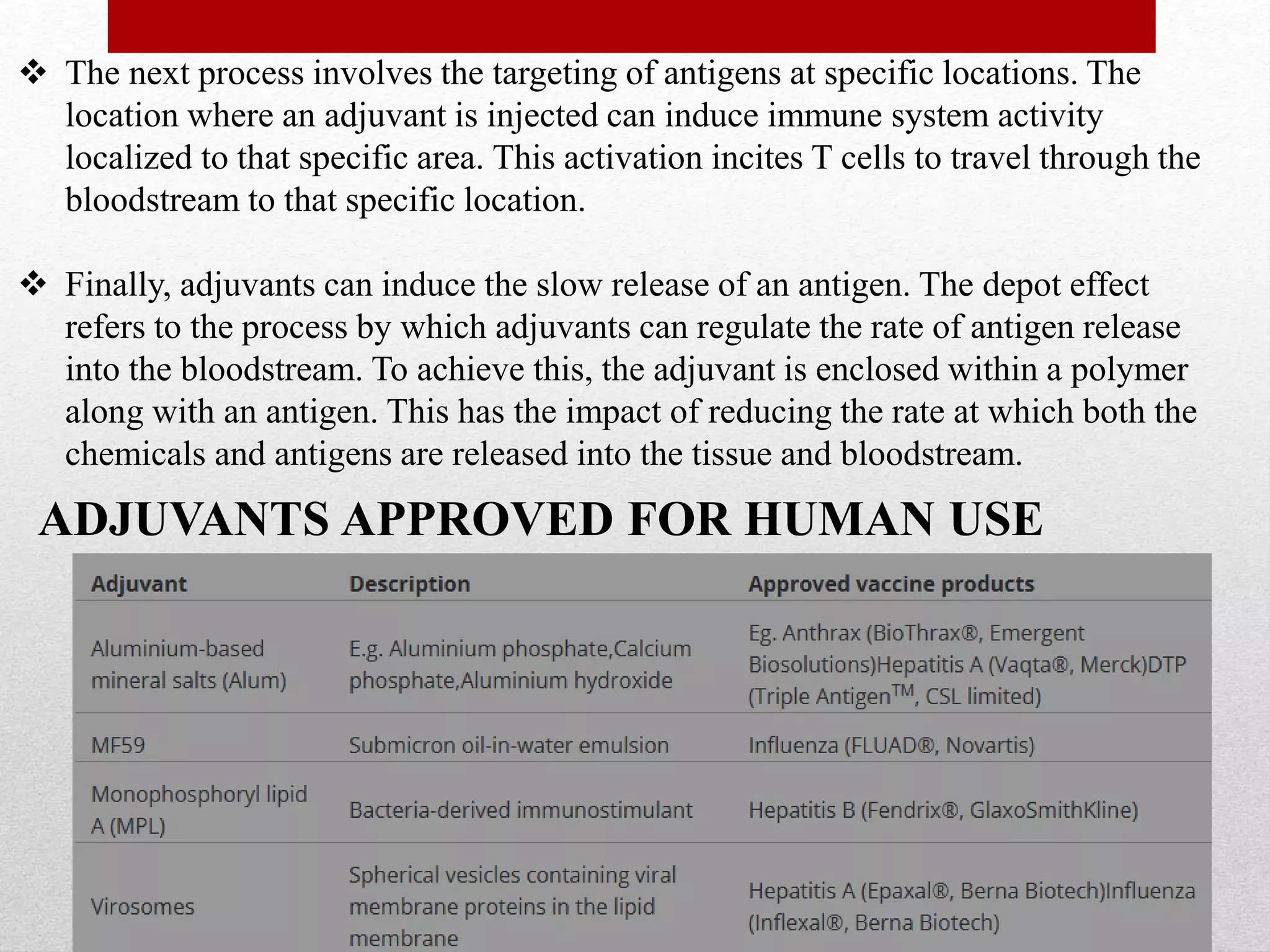 ADJUVANTS APPROVED FOR HUMAN USE
 The next process involves the targeting of antigens at specific locations. The
location where an adjuvant is injected can induce immune system activity
localized to that specific area. This activation incites T cells to travel through the
bloodstream to that specific location.
 Finally, adjuvants can induce the slow release of an antigen. The depot effect
refers to the process by which adjuvants can regulate the rate of antigen release
into the bloodstream. To achieve this, the adjuvant is enclosed within a polymer
along with an antigen. This has the impact of reducing the rate at which both the
chemicals and antigens are released into the tissue and bloodstream.
 