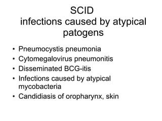 SCID  infections caused by atypical patogens Pneumocystis pneumonia Cytomegalovirus pneumonitis Disseminated BCG-itis Infections caused by atypical mycobacteria Candidiasis of oropharynx, skin 