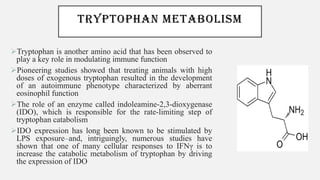 TRYPTOPHAN METABOLISM
➢Tryptophan is another amino acid that has been observed to
play a key role in modulating immune function
➢Pioneering studies showed that treating animals with high
doses of exogenous tryptophan resulted in the development
of an autoimmune phenotype characterized by aberrant
eosinophil function
➢The role of an enzyme called indoleamine-2,3-dioxygenase
(IDO), which is responsible for the rate-limiting step of
tryptophan catabolism
➢IDO expression has long been known to be stimulated by
LPS exposure and, intriguingly, numerous studies have
shown that one of many cellular responses to IFNγ is to
increase the catabolic metabolism of tryptophan by driving
the expression of IDO
 