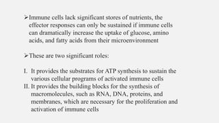 ➢Immune cells lack significant stores of nutrients, the
effector responses can only be sustained if immune cells
can dramatically increase the uptake of glucose, amino
acids, and fatty acids from their microenvironment
➢These are two significant roles:
I. It provides the substrates for ATP synthesis to sustain the
various cellular programs of activated immune cells
II. It provides the building blocks for the synthesis of
macromolecules, such as RNA, DNA, proteins, and
membranes, which are necessary for the proliferation and
activation of immune cells
 