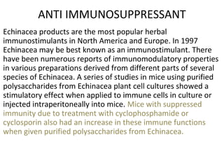 ANTI IMMUNOSUPPRESSANT 
Echinacea products are the most popular herbal 
immunostimulants in North America and Europe. In 1...