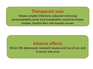 Therapeutic uses
Herpes simplex infections, subacute sclerosing
panencephalitis,acute viral encephalitis caused by herpes
simplex, Epstein-Barr and measles viruses
Adverse effects
Minor CNS depressant, transient nausea and rise of uric acid
in serum and urine
 