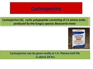 Cyclosporine
Cyclosporine (A), cyclic polypeptide consisting of 11 amino acids ,
produced by the fungus species Beauveria nivea
Cyclosporine (A), cyclic polypeptide consisting of 11 amino acids ,
produced by the fungus species Beauveria nivea
Cyclosporine can be given orally or I.V. Plasma half life
is about 24 hrs
 