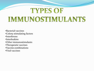 •Bacterial vaccines
•Colony stimulating factors
•Interferons
•Interleukins
•Other immunostimulants
•Therapeutic vaccines
•Vaccine combinations
•Viral vaccines
 