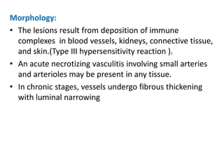 Morphology:
• The lesions result from deposition of immune
  complexes in blood vessels, kidneys, connective tissue,
  and skin.(Type III hypersensitivity reaction ).
• An acute necrotizing vasculitis involving small arteries
  and arterioles may be present in any tissue.
• In chronic stages, vessels undergo fibrous thickening
  with luminal narrowing
 