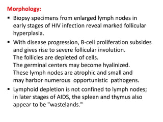 Morphology:
 Biopsy specimens from enlarged lymph nodes in
  early stages of HIV infection reveal marked follicular
  hyperplasia.
 With disease progression, B-cell proliferation subsides
  and gives rise to severe follicular involution.
  The follicles are depleted of cells.
  The germinal centers may become hyalinized.
  These lymph nodes are atrophic and small and
  may harbor numerous opportunistic pathogens.
 Lymphoid depletion is not confined to lymph nodes;
  in later stages of AIDS, the spleen and thymus also
  appear to be "wastelands."
 