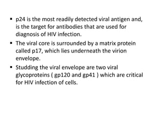  p24 is the most readily detected viral antigen and,
  is the target for antibodies that are used for
  diagnosis of HIV infection.
 The viral core is surrounded by a matrix protein
  called p17, which lies underneath the virion
  envelope.
 Studding the viral envelope are two viral
  glycoproteins ( gp120 and gp41 ) which are critical
  for HIV infection of cells.
 
