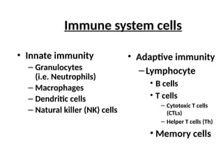 • Innate immunity
– Granulocytes
(i.e. Neutrophils)
– Macrophages
– Dendritic cells
– Natural killer (NK) cells
• Adaptive immunity
–Lymphocyte
• B cells
• T cells
– Cytotoxic T cells
(CTLs)
– Helper T cells (Th)
• Memory cells
Immune system cells
 