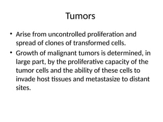 Tumors
• Arise from uncontrolled proliferation and
spread of clones of transformed cells.
• Growth of malignant tumors is determined, in
large part, by the proliferative capacity of the
tumor cells and the ability of these cells to
invade host tissues and metastasize to distant
sites.
 