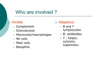 Who are involved ?
{ Innate
z Complement
z Granulocytes
z Monocytes/macrophages
z NK cells
z Mast cells
z Basophils
{ Adaptive:
z B and T
lymphocytes
z B: antibodies
z T : helper,
cytolytic,
suppressor.
 
