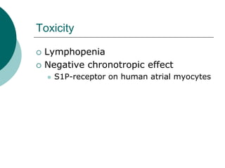 Toxicity
{ Lymphopenia
{ Negative chronotropic effect
z S1P-receptor on human atrial myocytes
 