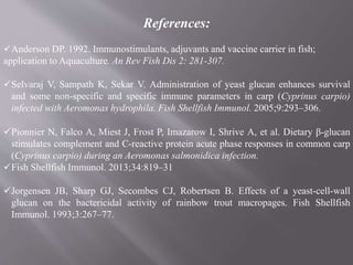 References:
Anderson DP. 1992. Immunostimulants, adjuvants and vaccine carrier in fish;
application to Aquaculture. An Rev Fish Dis 2: 281-307.
Selvaraj V, Sampath K, Sekar V. Administration of yeast glucan enhances survival
and some non-specific and specific immune parameters in carp (Cyprinus carpio)
infected with Aeromonas hydrophila. Fish Shellfish Immunol. 2005;9:293–306.
Pionnier N, Falco A, Miest J, Frost P, Imazarow I, Shrive A, et al. Dietary β-glucan
stimulates complement and C-reactive protein acute phase responses in common carp
(Cyprinus carpio) during an Aeromonas salmonidica infection.
Fish Shellfish Immunol. 2013;34:819–31
Jorgensen JB, Sharp GJ, Secombes CJ, Robertsen B. Effects of a yeast-cell-wall
glucan on the bactericidal activity of rainbow trout macropages. Fish Shellfish
Immunol. 1993;3:267–77.
 