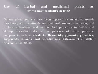 Use of herbal and medicinal plants as
immunostimulants in fish:
Natural plant products have been reported as antistress, growth
promotion, appetite stimulation, tonic and immunostimulation, and
to have aphrodisiac and antimicrobial properties in finfish and
shrimp larviculture due to the presence of active principle
components such as alkaloids, flavanoids, pigments, phenolics,
terpenoids, steroids, and essential oils (Citarasu et al. 2002;
Sivaram et al. 2004).
 