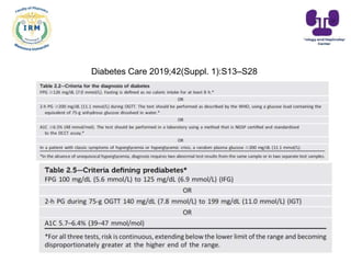 Diagnosis of Diabetes: 2019 ADA
Standards
Diabetes Care 2019;42(Suppl. 1):S13–S28
 