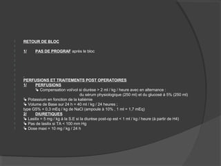  RETOUR DE BLOC

 1/ PAS DE PROGRAF après le bloc





 PERFUSIONS ET TRAITEMENTS POST OPERATOIRES
 1/ PERFUSIONS
  Compensation vol/vol si diurèse > 2 ml / kg / heure avec en alternance :
 du sérum physiologique (250 ml) et du glucosé à 5% (250 ml)
  Potassium en fonction de la kaliémie
  Volume de Base sur 24 h = 40 ml / kg / 24 heures ;
 type G5% + 0,3 mEq / kg de NaCl (ampoule à 10% , 1 ml = 1,7 mEq)
 2/ DIURETIQUES
  Lasilix = 5 mg / kg à la S.E si la diurèse post-op est < 1 ml / kg / heure (à partir de H4)
  Pas de lasilix si TA < 100 mm Hg
  Dose maxi = 10 mg / kg / 24 h
 