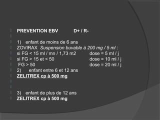  PREVENTION EBV D+ / R-

 1) enfant de moins de 6 ans
 ZOVIRAX Suspension buvable à 200 mg / 5 ml :
 si FG < 15 ml / mn / 1,73 m2 dose = 5 ml / j
 si FG > 15 et < 50 dose = 10 ml / j
 FG > 50 dose = 20 ml / j
 2) enfant entre 6 et 12 ans
 ZELITREX cp à 500 mg


 3) enfant de plus de 12 ans
 ZELITREX cp à 500 mg
 