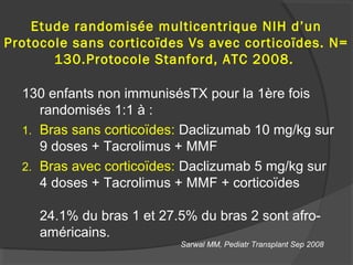 Etude randomisée multicentrique NIH d’un
Protocole sans corticoïdes Vs avec corticoïdes. N=
130.Protocole Stanford, ATC 2008.
130 enfants non immunisésTX pour la 1ère fois
randomisés 1:1 à :
1. Bras sans corticoïdes: Daclizumab 10 mg/kg sur
9 doses + Tacrolimus + MMF
2. Bras avec corticoïdes: Daclizumab 5 mg/kg sur
4 doses + Tacrolimus + MMF + corticoïdes
24.1% du bras 1 et 27.5% du bras 2 sont afro-
américains.
Sarwal MM, Pediatr Transplant Sep 2008
 