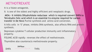 METHOTREXATE 
It is a folate antagonist. 
It is one of the oldest and highly efficient anti neoplastic drugs. 
MOA:- It inhibits Dihydrofolate reductase which is required convert DHFA to 
Tetrahydro folic acid which is an essential Co enzyme required for carbon 
transfer in De Novo Purine synthesis and amino acid conversion. 
It kills cells in ‘S’ phase, inhibits DNA synthesis, also affects RNA and protein 
synthesis. 
Depresses cytokine T cellular production immunity anti inflammatory 
property. 
FOLINIC ACID rapidly reverses the effect of methotrexate. 
Thymidine also counteracts methotrexate property. 
DHFRase 
DHFA THFA 
 