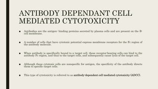 ANTIBODY DEPENDANT CELL
MEDIATED CYTOTOXICITY
■ Antibodies are the antigen- binding proteins secreted by plasma cells and are present on the B-
cell membrane.
■ A number of cells that have cytotoxic potential express membrane receptors for the Fc region of
the antibody molecule.
■ When antibody is specifically bound to a target cell, these receptor-bearing cells can bind to the
antibody Fc region, and thus to the target cells, and subsequently cause lysis of the target cell.
■ Although these cytotoxic cells are nonspecific for antigen, the specificity of the antibody directs
them to specific target cells.
■ This type of cytotoxicity is referred to as antibody-dependent cell-mediated cytotoxicity (ADCC).
 