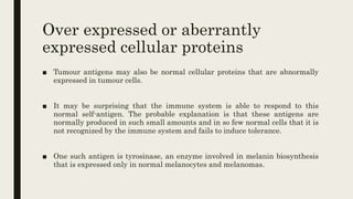 Over expressed or aberrantly
expressed cellular proteins
■ Tumour antigens may also be normal cellular proteins that are abnormally
expressed in tumour cells.
■ It may be surprising that the immune system is able to respond to this
normal self-antigen. The probable explanation is that these antigens are
normally produced in such small amounts and in so few normal cells that it is
not recognized by the immune system and fails to induce tolerance.
■ One such antigen is tyrosinase, an enzyme involved in melanin biosynthesis
that is expressed only in normal melanocytes and melanomas.
 