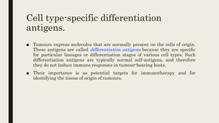 Cell type-specific differentiation
antigens.
■ Tumours express molecules that are normally present on the cells of origin.
These antigens are called differentiation antigens because they are specific
for particular lineages or differentiation stages of various cell types. Such
differentiation antigens are typically normal self-antigens, and therefore
they do not induce immune responses in tumour-bearing hosts.
■ Their importance is as potential targets for immunotherapy and for
identifying the tissue of origin of tumours.
 