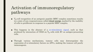 Activation of immunoregulatory
pathways
■ TH-cell recognition of an antigenic peptide–MHC complex sometimes results
in a state of non responsiveness called clonal anergy, marked by the inability
of cells to proliferate in response to a peptide-MHC complex.
■ This happens in the absence of a co-stimulatory signal, such as that
produced by interaction of CD28 on TH cells with B7 on antigen-presenting
cells.
■ Through various mechanisms, tumour cells may downregulate the
expression of co-stimulatory factors on APCs, making the tumour cell poorly
immunogenic.
 