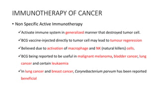 IMMUNOTHERAPY OF CANCER
• Non Specific Active Immunotherapy
Activate immune system in generalized manner that destroyed tumor cell.
BCG vaccine-injected directly to tumor cell may lead to tumour regeression
Believed due to activation of macrophage and NK (natural killers) cells.
BCG being reported to be useful in malignant melanoma, bladder cancer, lung
cancer and certain leukaemia
In lung cancer and breast cancer, Corynebacterium parvum has been reported
beneficial
 