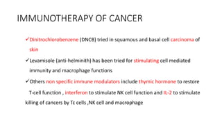 IMMUNOTHERAPY OF CANCER
Dinitrochlorobenzene (DNCB) tried in squamous and basal cell carcinoma of
skin
Levamisole (anti-helminith) has been tried for stimulating cell mediated
immunity and macrophage functions
Others non specific immune modulators include thymic hormone to restore
T-cell function , interferon to stimulate NK cell function and IL-2 to stimulate
killing of cancers by Tc cells ,NK cell and macrophage
 
