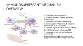 IMMUNOSUPRESSANT MECHANISM-
OVERVIEW
• 1.Inhibition of gene expression
• 2.Selective attack on clonally expanding
lymphocytes
• 3.Inhibition of intracellular signalling
• 4.Neutralisation of Cytokines & receptors
required for T-cell stimulation
• 5.Selective depression of T-cells (or others)
• 6.Inhibition of co-stimulation by APC
• 7.Inhibition of Lymphocyte-target cell
interactions
• 8.Supressionof innate immune cells &
complement activation (not shown here)
 