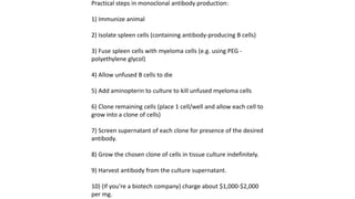 Practical steps in monoclonal antibody production:
1) Immunize animal
2) Isolate spleen cells (containing antibody-producing B cells)
3) Fuse spleen cells with myeloma cells (e.g. using PEG -
polyethylene glycol)
4) Allow unfused B cells to die
5) Add aminopterin to culture to kill unfused myeloma cells
6) Clone remaining cells (place 1 cell/well and allow each cell to
grow into a clone of cells)
7) Screen supernatant of each clone for presence of the desired
antibody.
8) Grow the chosen clone of cells in tissue culture indefinitely.
9) Harvest antibody from the culture supernatant.
10) (If you’re a biotech company) charge about $1,000-$2,000
per mg.
 