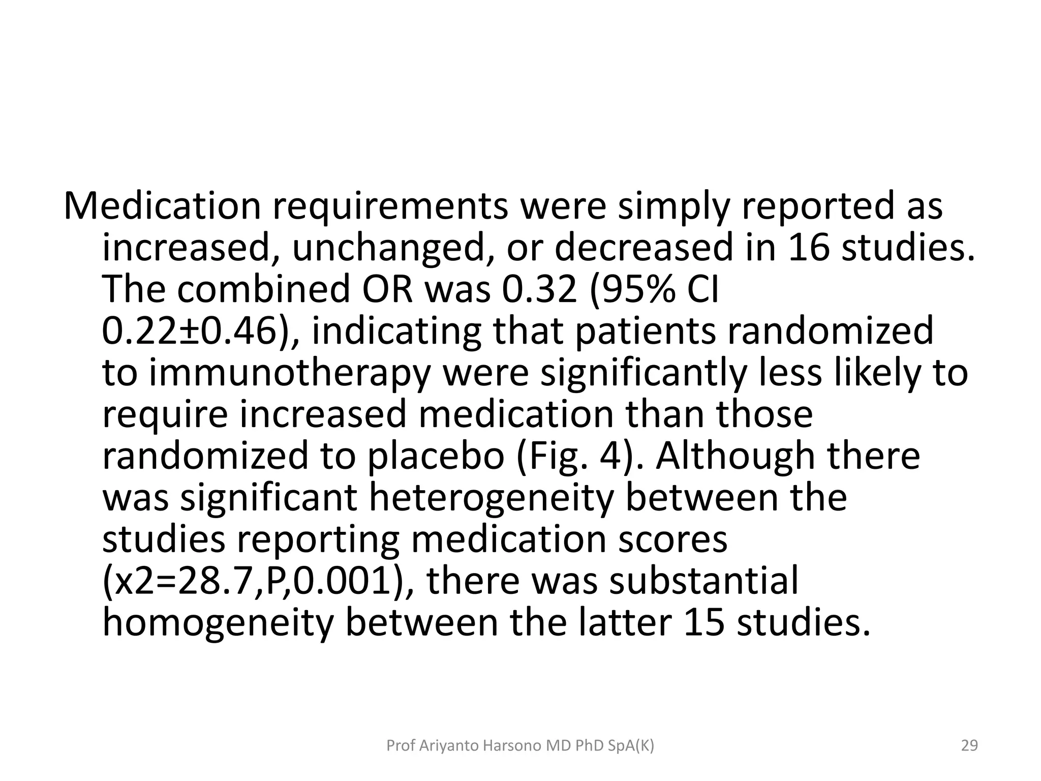 Medication requirements were simply reported as
increased, unchanged, or decreased in 16 studies.
The combined OR was 0.32 (95% CI
0.22±0.46), indicating that patients randomized
to immunotherapy were significantly less likely to
require increased medication than those
randomized to placebo (Fig. 4). Although there
was significant heterogeneity between the
studies reporting medication scores
(x2=28.7,P,0.001), there was substantial
homogeneity between the latter 15 studies.
29Prof Ariyanto Harsono MD PhD SpA(K)
 