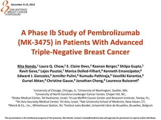 This presentation is the intellectual property of the presenter, Rita Nanda. Contact rnanda@medicine.bsd.uchicago.edu for permission to reprint and/or distribute.
December 9-13, 2014
A Phase Ib Study of Pembrolizumab
(MK-3475) in Patients With Advanced
Triple-Negative Breast Cancer
Rita Nanda,1 Laura Q. Chow,2 E. Claire Dees,3 Raanan Berger,4 Shilpa Gupta,5
Ravit Geva,6 Lajos Pusztai,7 Marisa Dolled-Filhart,8 Kenneth Emancipator,8
Edward J. Gonzalez,8 Jennifer Pulini,8 Kumudu Pathiraja,8 Vassiliki Karantza,8
Gursel Aktan,8 Christine Gause,8 Jonathan Cheng,8 Laurence Buisseret9
1University of Chicago, Chicago, IL; 2University of Washington, Seattle, WA;
3University of North Carolina Lineberger Cancer Center, Chapel Hill, NC;
4Sheba Medical Center, Tel Hashomer, Israel; 5H.Lee Moffitt Cancer Center and Research Institute, Tampa, FL;
6Tel-Aviv Sourasky Medical Center, Tel-Aviv, Israel; 7Yale University School of Medicine, New Haven, CT;
8Merck & Co., Inc., Whitehouse Station, NJ; 9Institut Jules Bordet, Université Libre de Bruxelles, Bruxelles, Belgium
 