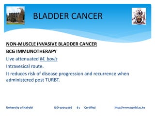 NON-MUSCLE INVASIVE BLADDER CANCER
BCG IMMUNOTHERAPY
Live attenuated M. bovis
Intravesical route.
It reduces risk of disease progression and recurrence when
administered post TURBT.
BLADDER CANCER
University of Nairobi ISO 9001:2008 63 Certified http://www.uonbi.ac.ke
 